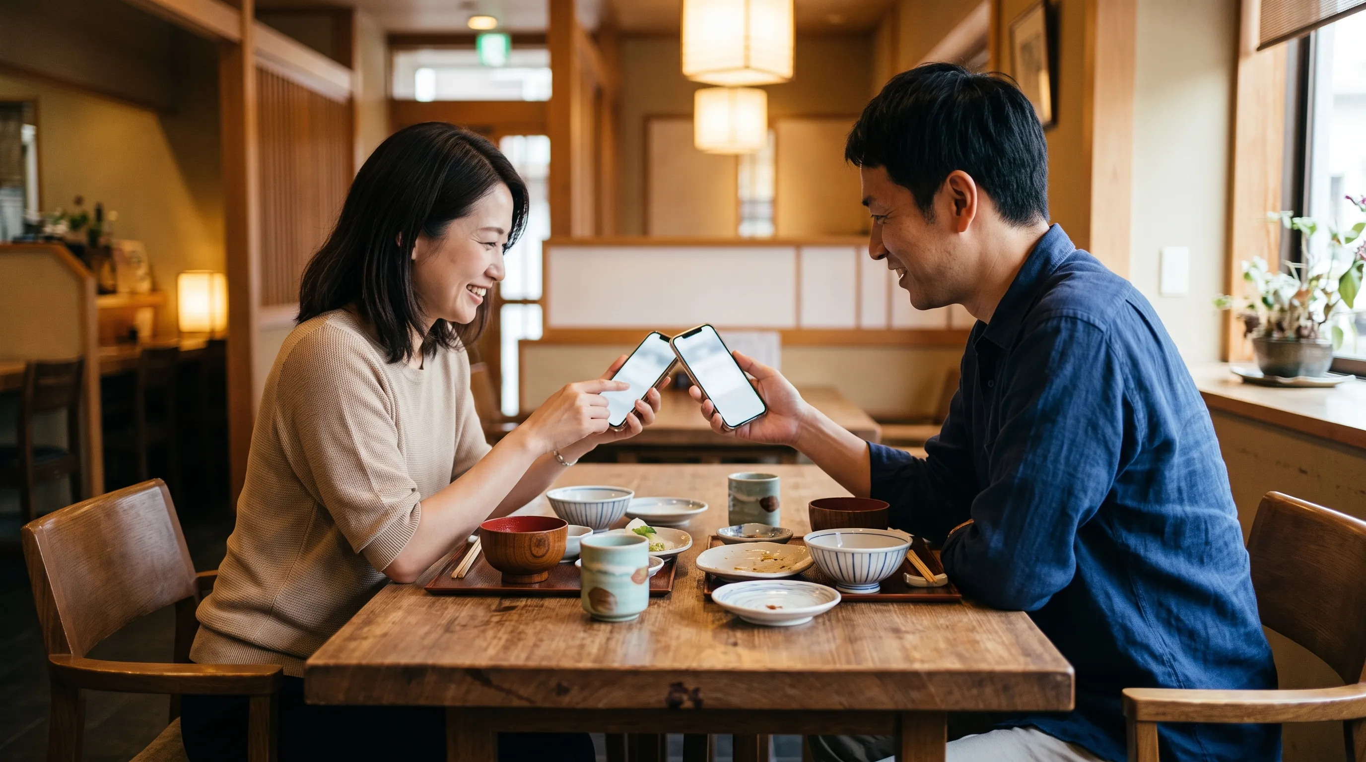和食店のテーブルで、食事を終えた男女がスマートフォンで連絡先を交換している様子