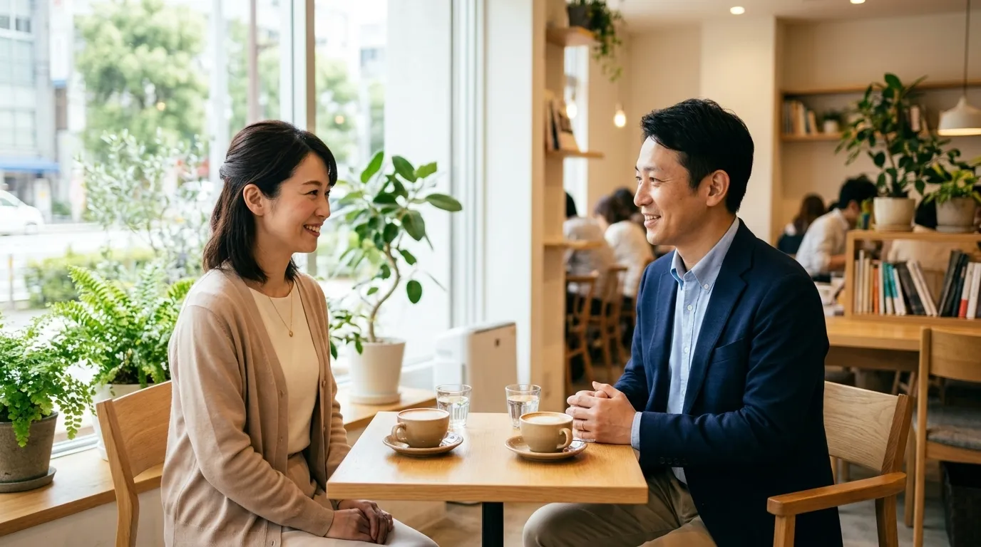 明るいカフェで初対面の挨拶を交わす男女