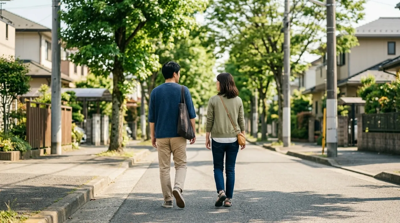 並木道を並んで歩く男女