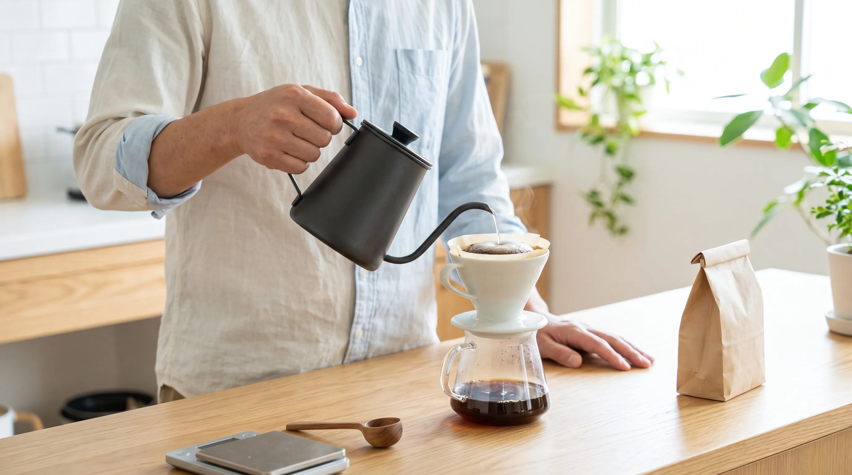 明るいキッチンのカウンターで、ハンドドリップでコーヒーを淹れる男性の手元
