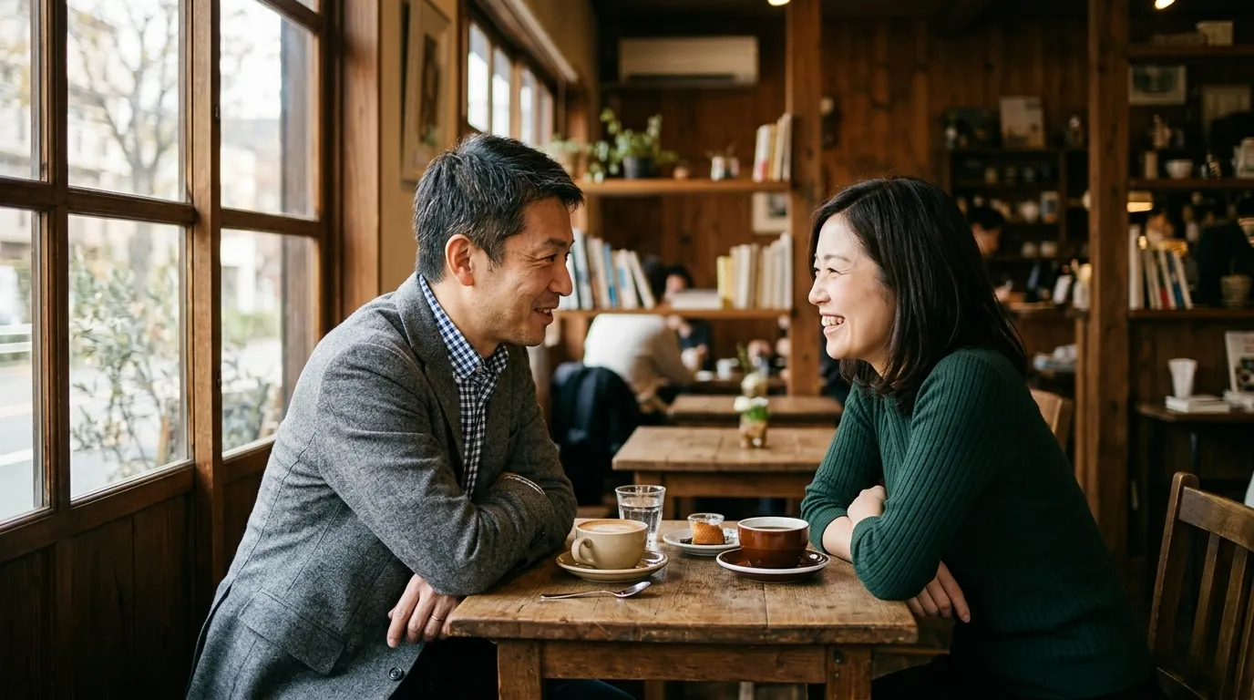 静かなカフェで話が弾む男女