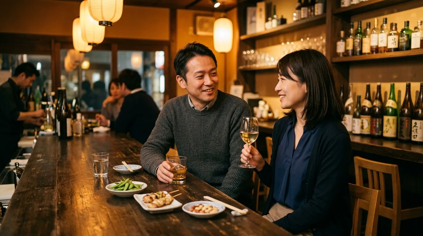 夜のカウンター席で落ち着いて話す男女