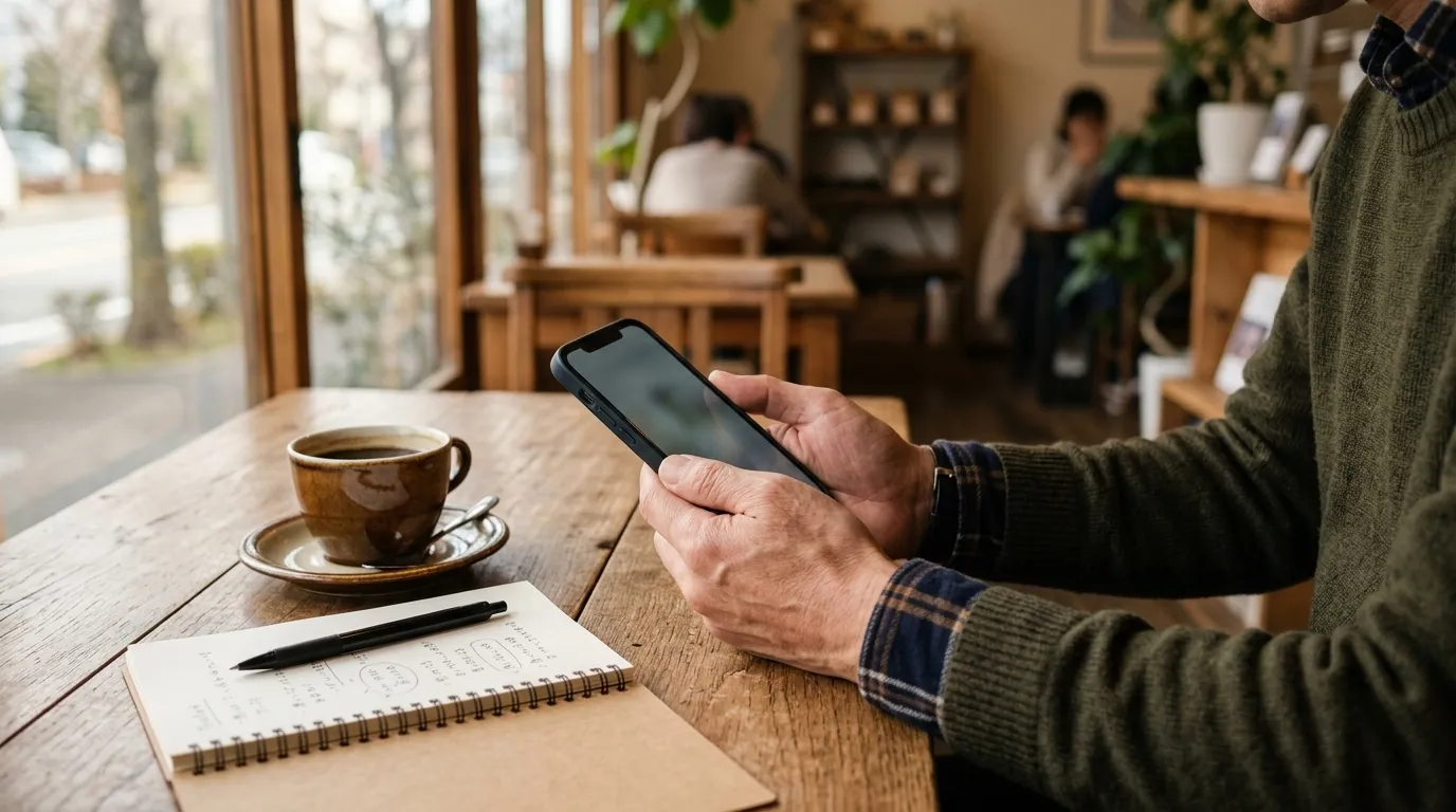 カフェのテーブルでスマートフォンを操作する手元