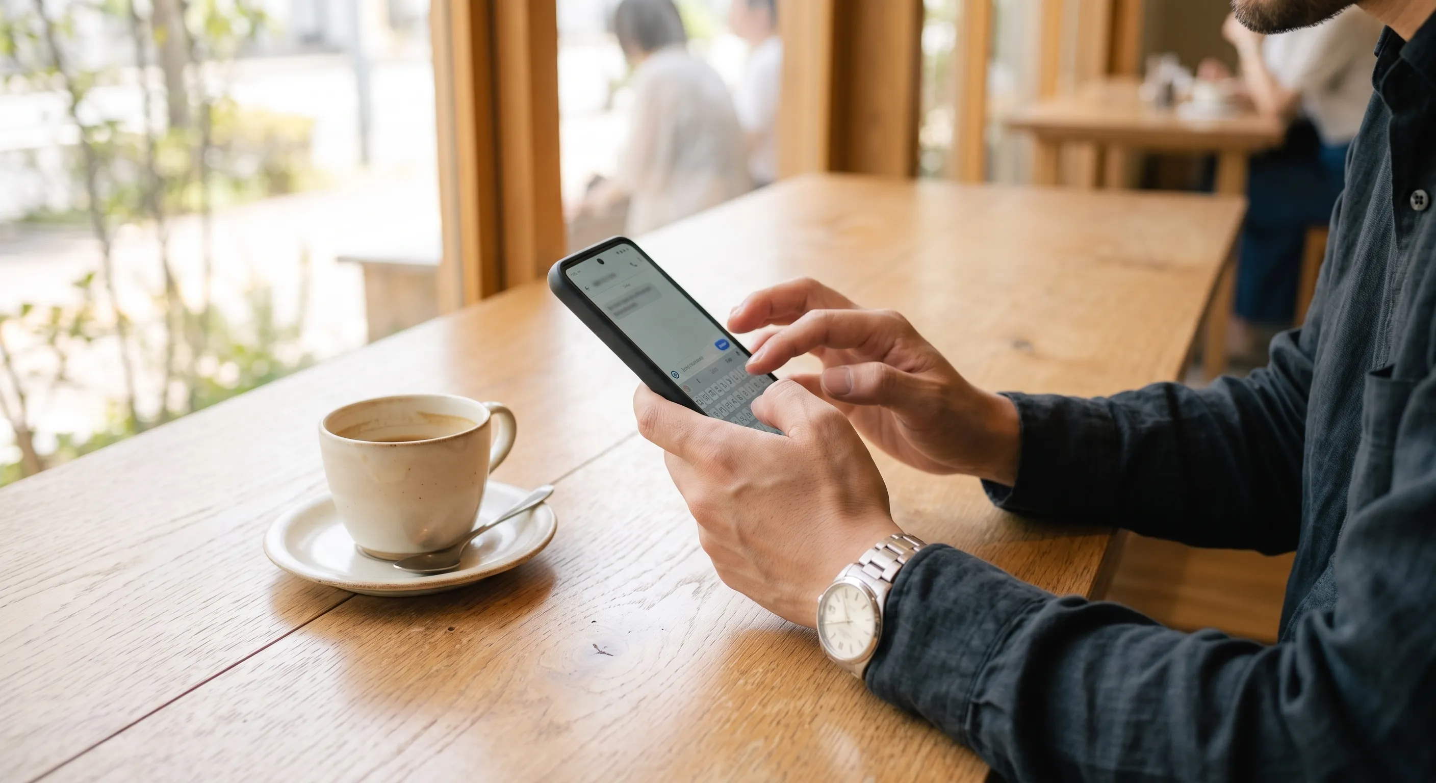 明るいカフェのテーブルで、スマートフォンに文字を打つ男性の手元
