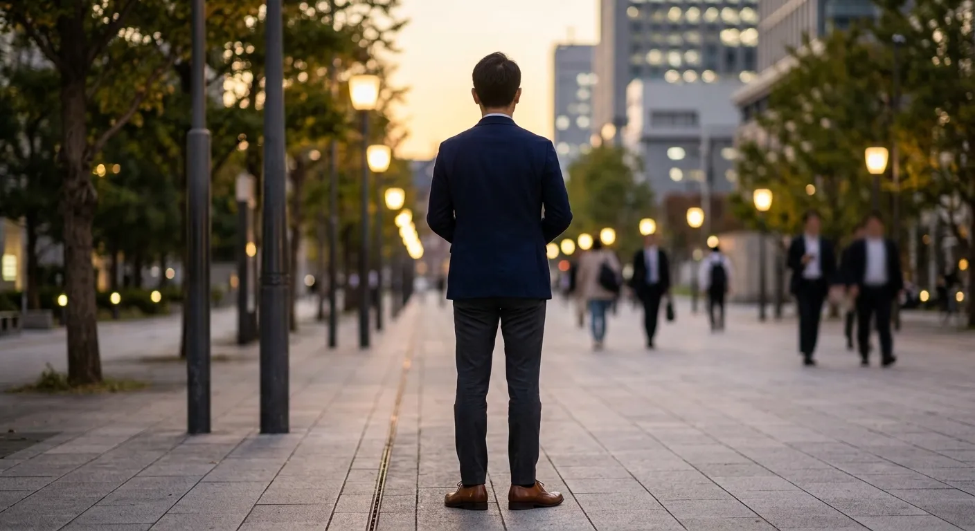 夕暮れの並木道で、人を待って立っている男性の後ろ姿