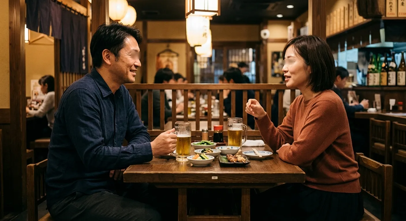 落ち着いた居酒屋のテーブルで向かい合って話す男女