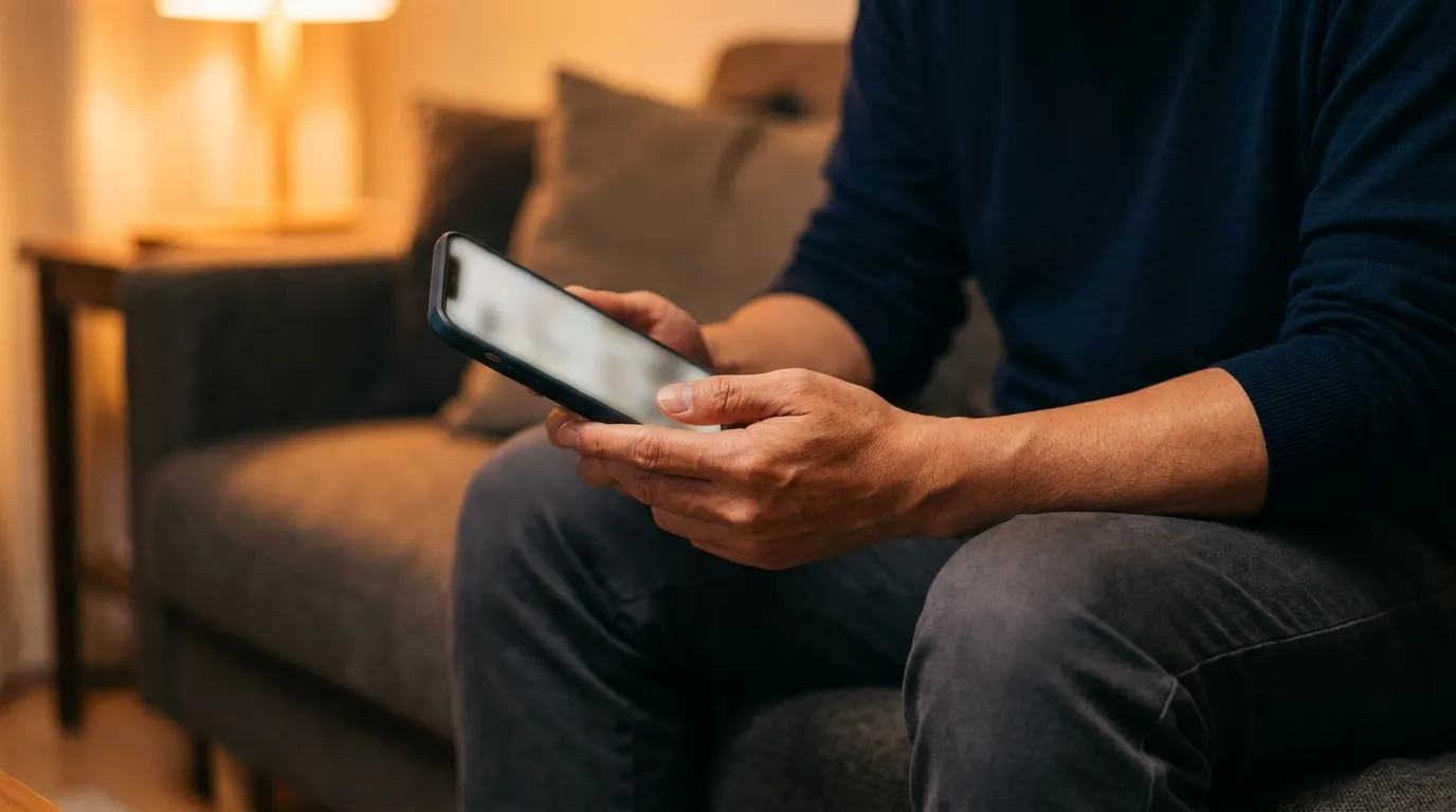 夜の部屋でソファに座り、スマートフォンを見ている男性の手元