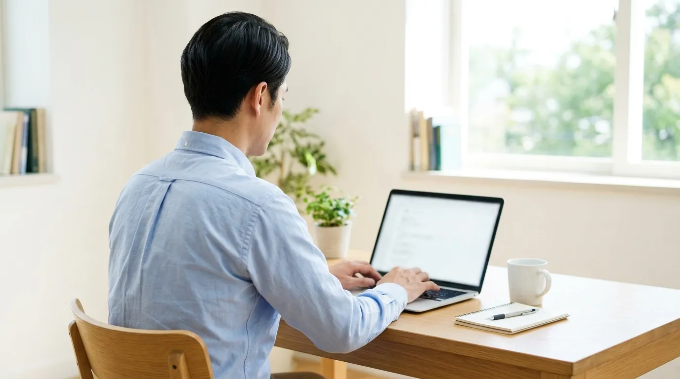 明るい部屋で机に向かい、ノートパソコンで文章を書いている男性の後ろ姿