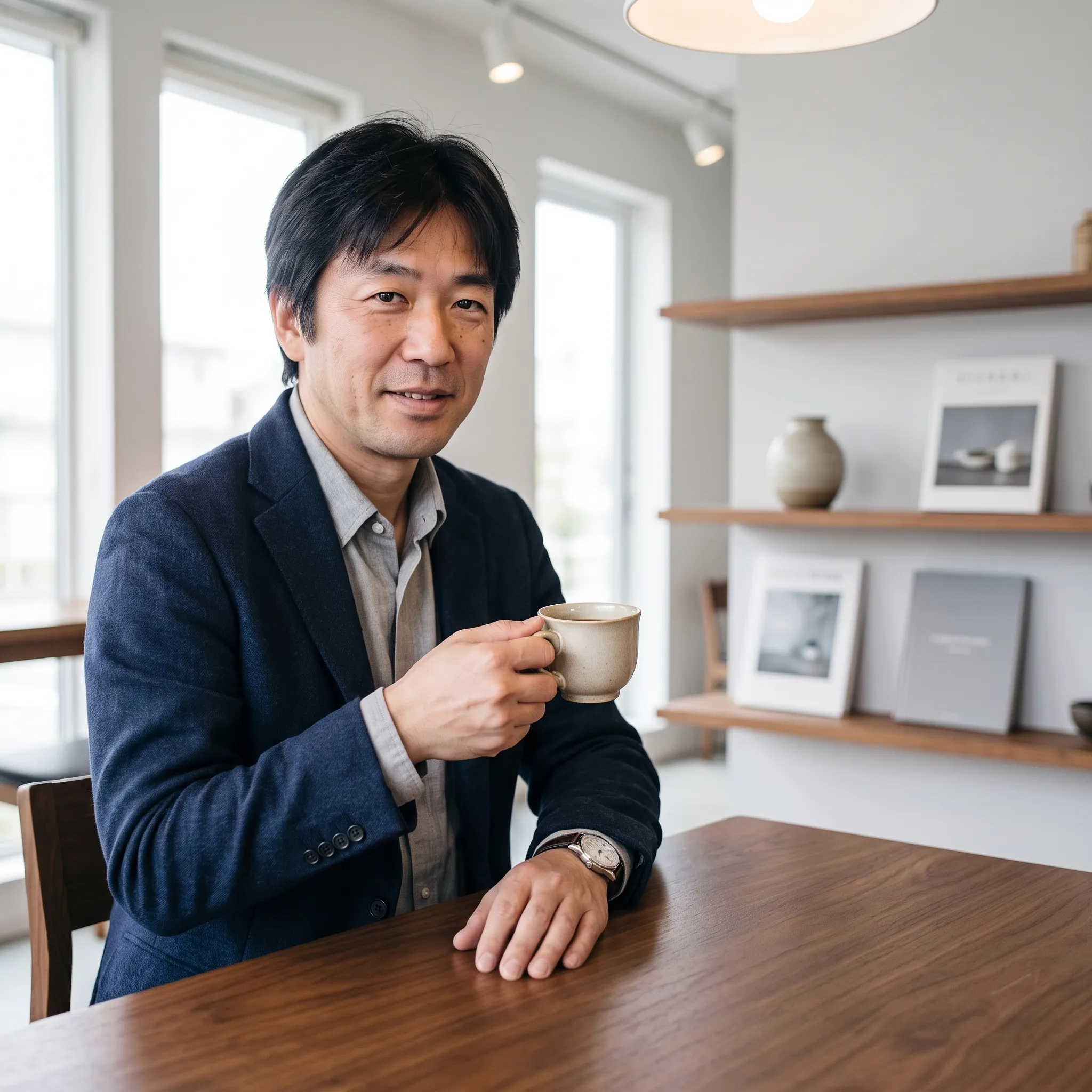 白い壁と余白のある棚の、明るく片付いた空間でコーヒーを飲む男性