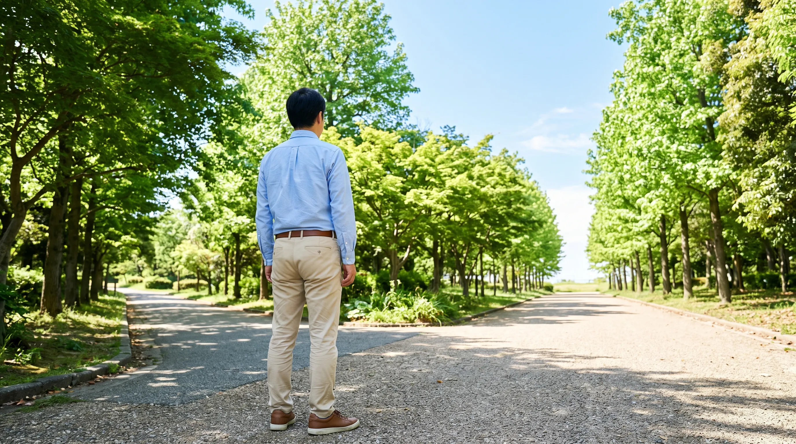 晴れた日の並木道の分かれ道で、立ち止まって先を見る男性の後ろ姿