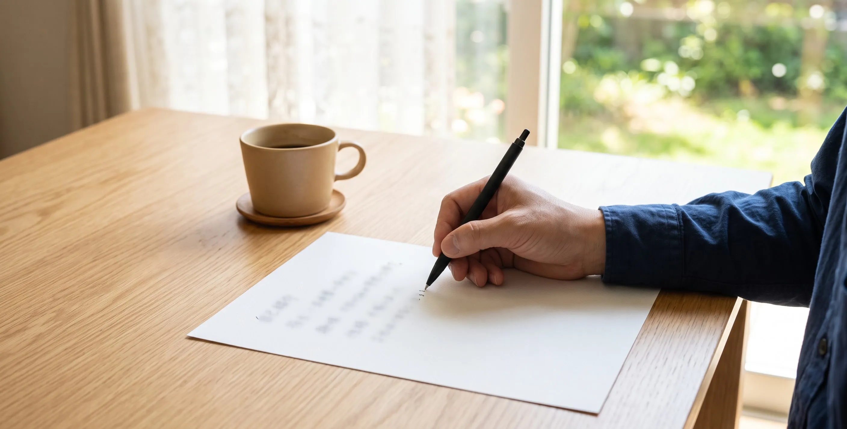 明るいダイニングテーブルで、紙に文章を書いている男性の手元