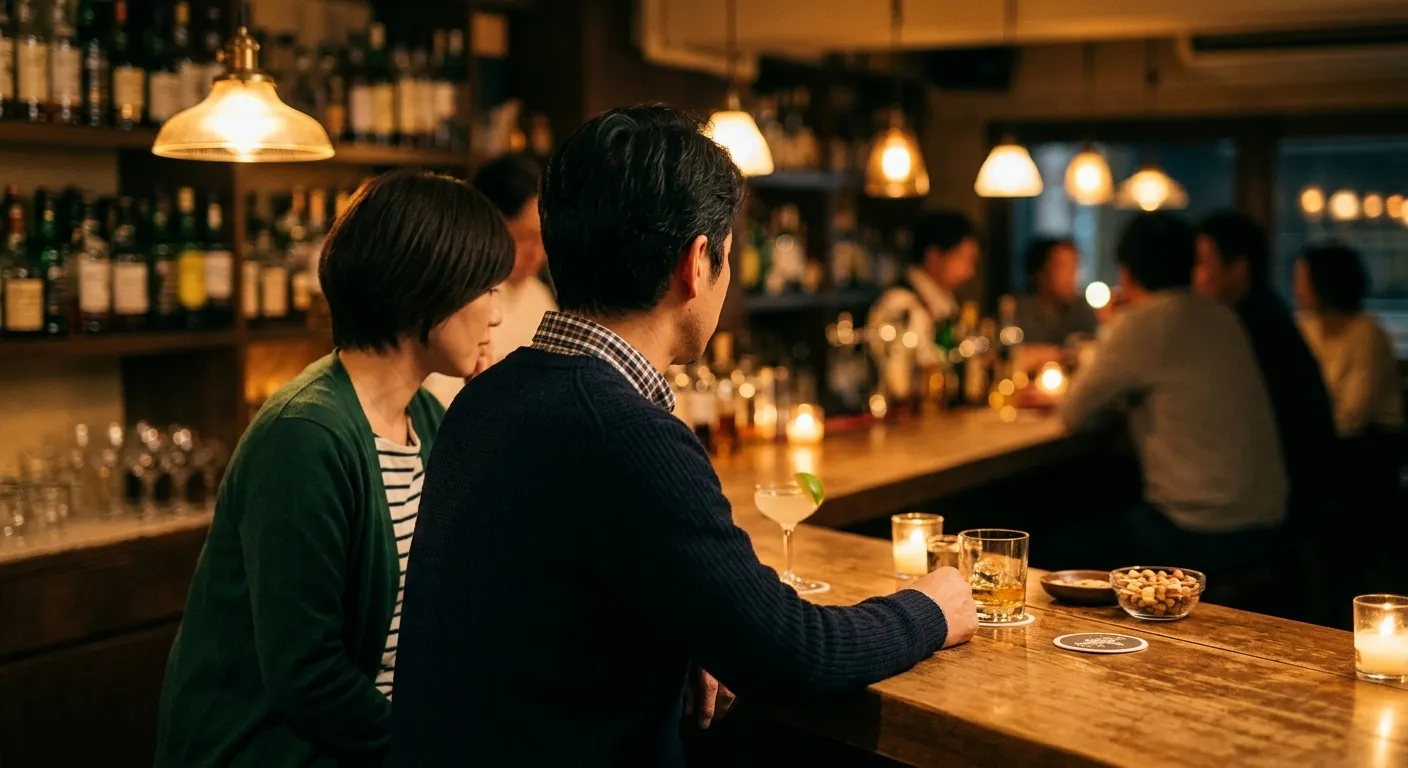 夜のバーのカウンターで並んで静かに話す男女
