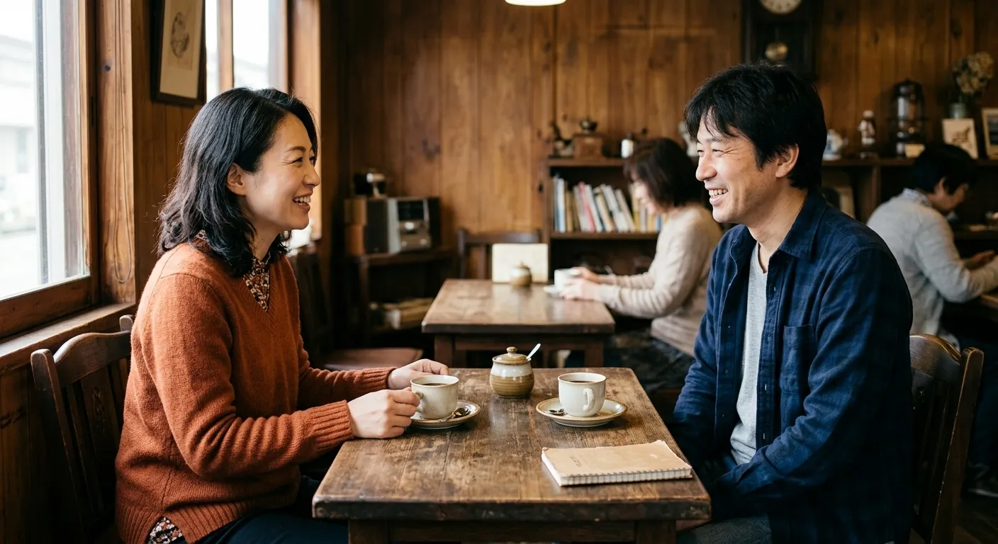 昼の落ち着いた喫茶店で向かい合って笑う男女