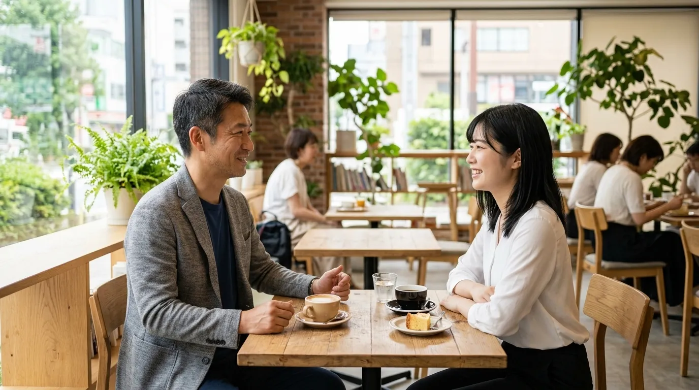 カジュアルなカフェで談笑する年の差のある男女