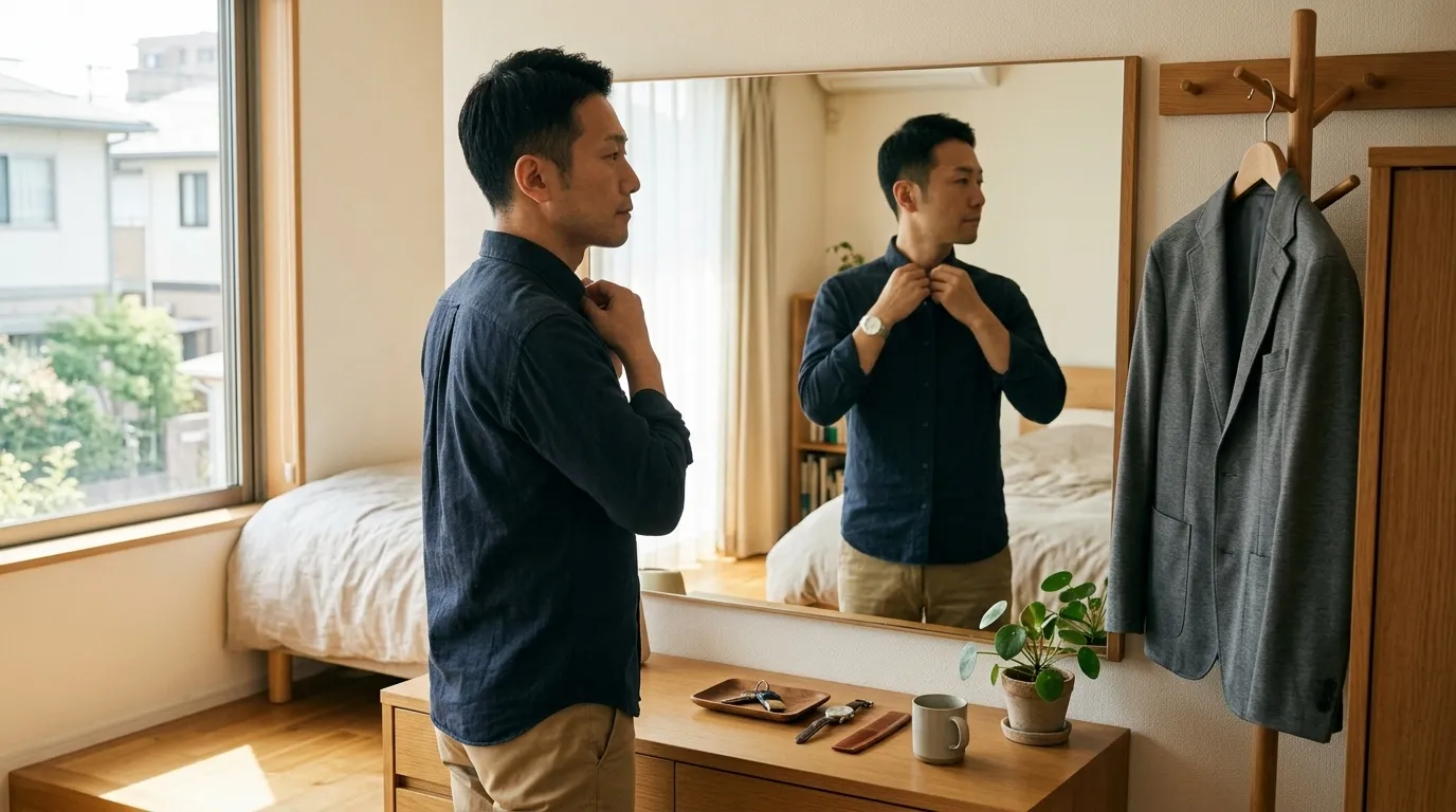 鏡の前でシャツの襟を整える男性