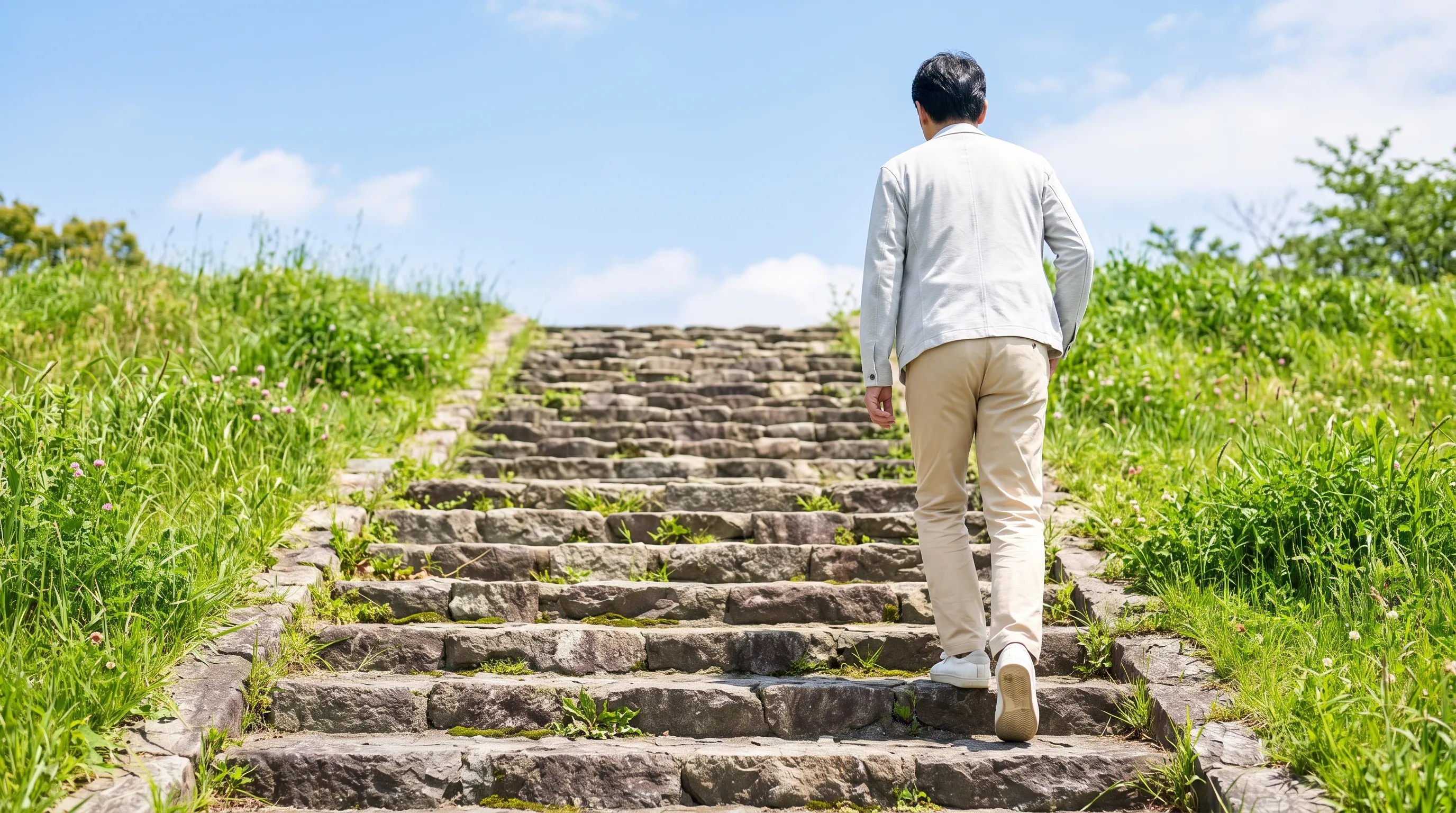 晴れた日、緑の土手の石段を一段ずつ上る男性の後ろ姿
